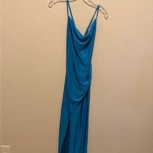 Blush Teal Draped Cowl Neck Spaghetti Strap Maxi Dress